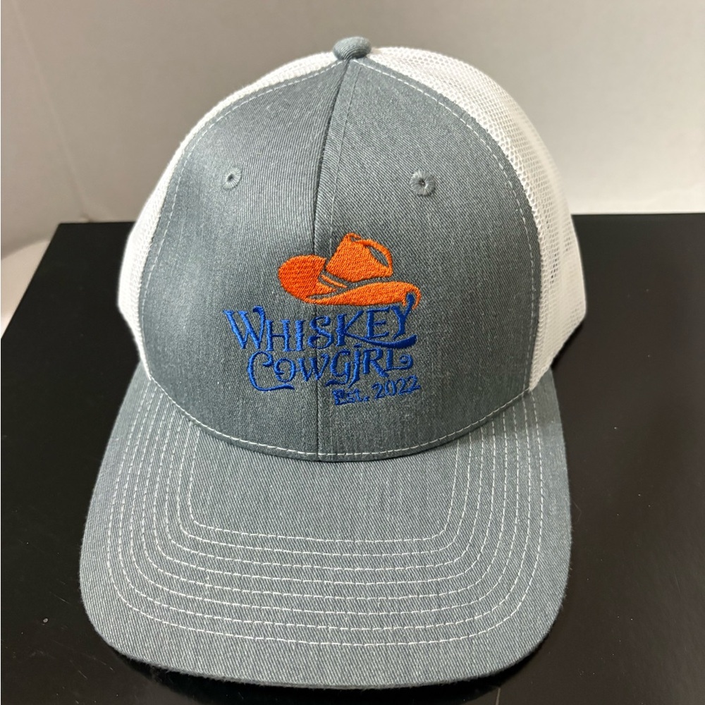 Whiskey Cowgirl Embroidered Trucker summer Hat Gray & White with Orange Accent
